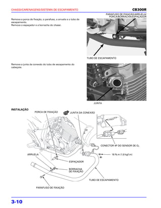 CHASSI/CARENAGENS/SISTEMA DE ESCAPAMENTO                                                            CB300R
                                                                           PARAFUSO DE FIXAÇÃO/ARRUELA/
                                                                             PORCA/BORRACHA/ESPAÇADOR
Remova a porca de fixação, o parafuso, a arruela e o tubo de
escapamento.
Remova o espaçador e a borracha do chassi.




                                                               TUBO DE ESCAPAMENTO

Remova a junta da conexão do tubo de escapamento do
cabeçote.




                                                                   JUNTA

INSTALAÇÃO
                    PORCA DE FIXAÇÃO               JUNTA DA CONEXÃO




                                                                       CONECTOR 4P DO SENSOR DE O2


              ARRUELA                                                          18 N.m (1,8 kgf.m)


                                                  ESPAÇADOR


                                                  BORRACHA
                                                  DE FIXAÇÃO


                                                                TUBO DE ESCAPAMENTO


                     PARAFUSO DE FIXAÇÃO




3-10
 