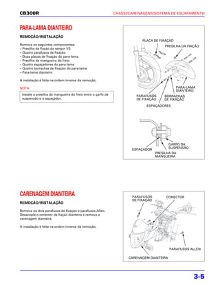 CB300R                                                       CHASSI/CARENAGENS/SISTEMA DE ESCAPAMENTO



PARA-LAMA DIANTEIRO
REMOÇÃO/INSTALAÇÃO
                                                                          PLACA DE FIXAÇÃO
Remova os seguintes componentes:                                                       PRESILHA DA FIAÇÃO
– Presilha da fiação do sensor VS
– Quatro parafusos de fixação
– Duas placas de fixação do para-lama
– Presilha da mangueira do freio
– Quatro espaçadores do para-lama
– Quatro borrachas de fixação do para-lama
– Para-lama dianteiro

A instalação é feita na ordem inversa da remoção.

NOTA                                                                                         PARA-LAMA
                                                                                             DIANTEIRO
 Instale a presilha da mangueira do freio entre o garfo da             PARAFUSOS      BORRACHAS
 suspensão e o espaçador.                                              DE FIXAÇÃO     DE FIXAÇÃO
                                                                            ESPAÇADORES




                                                                                         GARFO DA
                                                                                         SUSPENSÃO
                                                                     ESPAÇADOR
                                                                                  PRESILHA DA
                                                                                  MANGUEIRA




CARENAGEM DIANTEIRA                                                  PARAFUSOS         CONECTOR
                                                                     DE FIXAÇÃO
REMOÇÃO/INSTALAÇÃO

Remova os dois parafusos de fixação e parafusos Allen.
Desacople o conector da fiação dianteira e remova a
carenagem dianteira.

A instalação é feita na ordem inversa da remoção.




                                                                                         PARAFUSOS ALLEN

                                                                   CARENAGEM DIANTEIRA




                                                                                                      3-5
 