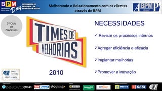 Pernambuco 
02 SET 2014 
Organização: 
Patrocínio: 
ApoioInstitucional: 
Apoio: 
Melhorandoo Relacionamentocom osclientesatravésde BPM 
2º Ciclo de Processos 
NECESSIDADES 
Revisarosprocessosinternos 
Agregareficiênciaeeficácia 
Implantarmelhorias 
Promoverainovação 
2010  