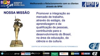 Pernambuco 
02 SET 2014 
Organização: 
Patrocínio: 
ApoioInstitucional: 
Apoio: 
Melhorandoo Relacionamentocom osclientesatravésde BPM 
NOSSA MISSÃO 
Promover a integração ao mercado de trabalho, através do estágio, da aprendizagem e da qualificação de pessoas, contribuindo para o desenvolvimento do Brasil, na área da educação, da ciência e da cultura. 
CENTRO DE INTEGRAÇÃO EMPRESA ESCOLA DE PERNAMBUCO  