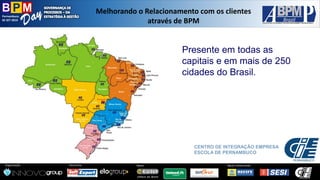 Pernambuco 
02 SET 2014 
Organização: 
Patrocínio: 
ApoioInstitucional: 
Apoio: 
Melhorandoo Relacionamentocom osclientesatravésde BPM 
CENTRO DE INTEGRAÇÃO EMPRESA ESCOLA DE PERNAMBUCO 
Presente em todas as capitais e em mais de 250 cidades do Brasil.  