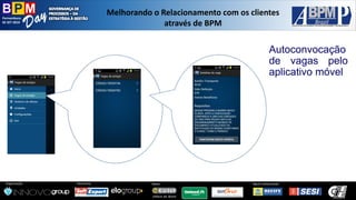 Pernambuco 
02 SET 2014 
Organização: 
Patrocínio: 
ApoioInstitucional: 
Apoio: 
Melhorandoo Relacionamentocom osclientesatravésde BPM 
Autoconvocaçãodevagaspeloaplicativomóvel  