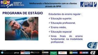 Pernambuco 
02 SET 2014 
Organização: Patrocínio: Apoio: Apoio Institucional: 
Melhorando o Relacionamento com os clientes 
através de BPM 
PROGRAMA DE ESTÁGIO Estudantes do ensino regular : 
 Educação superior, 
 Educação profissional, 
 Ensino médio, 
 Educação especial 
 Anos finais do ensino 
fundamental, na modalidade 
profissional. 
 