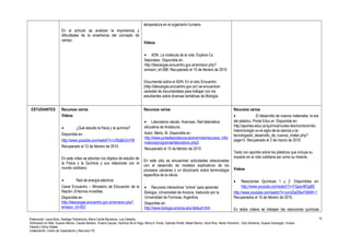 En el artículo se analizan la importancia y 
dificultades de la enseñanza del concepto de 
campo. 
temperatura en el organismo humano. 
Videos 
· ADN. La molécula de la vida. Explora Cs 
Naturalesr. Disponible en: 
http://descargas.encuentro.gov.ar/emision.php? 
emision_id=288. Recuperado el 15 de febrero de 2010. 
Documental sobre el ADN. En el sitio Encuentro 
(http://descargas.encuentro.gov.ar/) se encuentran 
variedad de documentales para trabajar con los 
estudiantes sobre diversas temáticas de Biología. 
ESTUDIANTES Recursos varios 
Videos 
· ¿Qué estudia la física y la química? 
Disponible en: 
http://www.youtube.com/watch?v=v30djlkGmYM 
Recuperado el 12 de febrero de 2010. 
En este video se abordan los objetos de estudio de 
la Física y la Química y sus relaciones con el 
mundo cotidiano. 
· Red de energía eléctrica 
Canal Encuentro – Ministerio de Educación de la 
Nación-.Entornos invisibles. 
Disponible en: 
http://descargas.encuentro.gov.ar/emision.php? 
emision_id=453 
Recursos varios 
· Laboratorio celular. Averroes. Red telemática 
educativa de Andalucía. 
Autor: Merlo, M. Disponible en: 
http://www.juntadeandalucia.es/averroes/recursos_infor 
maticos/programas/laboratorio.php3 
Recuperado el 15 de febrero de 2010. 
En este sitio se encuentran actividades relacionadas 
con el desarrollo de modelos explicativos de los 
procesos celulares o un diccionario sobre terminología 
específica de la célula. 
· Recursos interactivos “online” para aprender 
Biología, Universidad de Arizona, traducido por la 
Universidad de Formosa, Argentina. 
Disponible en: 
http://www.biologia.arizona.edu/default.html 
Recursos varios 
· El desarrollo de nuevos materiales: la era 
del plástico. Portal Educ.ar. Disponible en: 
http://aportes.educ.ar/quimica/nucleo-teorico/recorrido-historico/ 
siglo-xx-el-siglo-de-la-ciencia-y-la-tecnologia/ 
el_desarrollo_de_nuevos_materi.php? 
page=2. Recuperado el 2 de marzo de 2010. 
Texto con aportes sobre los plásticos que incluye su 
impacto en la vida cotidiana así como su historia. 
Videos 
· Reacciones Químicas 1 y 2. Disponibles en: 
http://www.youtube.com/watch?v=FQpav9lOgBE 
http://www.youtube.com/watch?v=yxmZwl26wiY&NR=1 
Recuperados el 15 de febrero de 2010. 
En estos videos se trabajan las reacciones químicas 
Elaboración: Laura Bono, Santiago Paolantonio, María Cecilia Barcelona, Luis Ceballos. 
Verificación en Web: Susana Alfonso, Claudio Barbero, Viviana Caucas, Verónica De la Vega, María A. Flores, Gabriela Peretti, Mabel Ramos, Silvia Ríos, Héctor Romanini , Doly Sandrone, Susana Scarsoglio, Viviana 
Valente y Silvia Vidales 
Colaboración: Centro de Capacitación y Recursos TIC 
14 
 