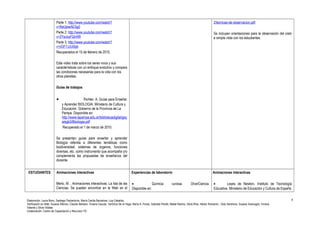 Parte 1: http://www.youtube.com/watch? 
v=ReUjkwAESg0 
Parte 2: http://www.youtube.com/watch? 
v=2YeJoyFQnW8 
Parte 3: http://www.youtube.com/watch? 
v=cGF7JJUi0pk 
Recuperados el 15 de febrero de 2010. 
Este video trata sobre los seres vivos y sus 
características con un enfoque evolutivo y compara 
las condiciones necesarias para la vida con los 
otros planetas. 
Guías de trabajos 
· Richter, A. Guías para Enseñar 
y Aprender BIOLOGIA. Ministerio de Cultura y 
Educación. Gobierno de la Provincia de La 
Pampa. Disponible en: 
http://www.lapampa.edu.ar/bibliotecadigital/gey 
a/egb3/8biologia.pdf 
Recuperado el 1 de marzo de 2010. 
Se presentan guías para enseñar y aprender 
Biología referida a diferentes temáticas como 
biodiversidad, sistemas de órganos, funciones 
diversas, etc. como instrumento que acompaña y/o 
complementa las propuestas de enseñanza del 
docente. 
2/tecnicas-de-observacion.pdf. 
Se incluyen orientaciones para la observación del cielo 
a simple vista con los estudiantes. 
ESTUDIANTES Animaciones interactivas 
Merlo, M. , Animaciones interactivas. La Isla de las 
Ciencias. Se pueden encontrar en la Web en el 
Experiencias de laboratorio 
· Química curiosa. DiverCiencia. 
Disponible en: 
Animaciones interactivas 
· Leyes de Newton. Instituto de Tecnología 
Educativa. Ministerio de Educación y Cultura de España 
Elaboración: Laura Bono, Santiago Paolantonio, María Cecilia Barcelona, Luis Ceballos. 
Verificación en Web: Susana Alfonso, Claudio Barbero, Viviana Caucas, Verónica De la Vega, María A. Flores, Gabriela Peretti, Mabel Ramos, Silvia Ríos, Héctor Romanini , Doly Sandrone, Susana Scarsoglio, Viviana 
Valente y Silvia Vidales 
Colaboración: Centro de Capacitación y Recursos TIC 
9 
 