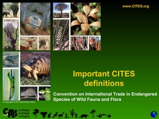 1
Convention on International Trade in Endangered
Species of Wild Fauna and Flora
Important CITES
definitions
www.CITES.org
© Copyright CITES Secretariat 2005
 
