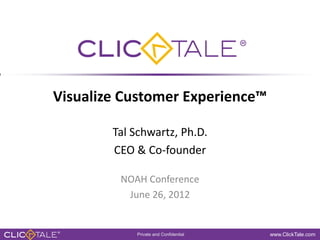 Visualize Customer Experience™

        Tal Schwartz, Ph.D.
        CEO & Co-founder

         NOAH Conference
          June 26, 2012


            Private and Confidential   www.ClickTale.com
 