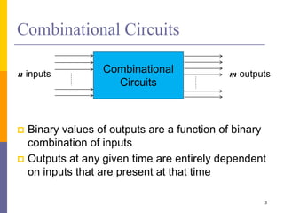 Combinational Circuits
 Binary values of outputs are a function of binary
combination of inputs
 Outputs at any given time are entirely dependent
on inputs that are present at that time
3
Combinational
Circuits
n inputs m outputs
 