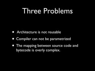 Three Problems
• Architecture is not reusable
• Compiler can not be parametrized
• The mapping between source code and
byt...