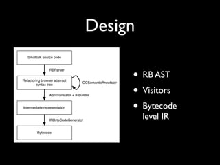 Design
• RB AST
• Visitors
• Bytecode
level IR
Smalltalk source code
Refactoring browser abstract
syntax tree
Intermediate representation
Bytecode
RBParser
ASTTranslator + IRBuilder
IRByteCodeGenerator
OCSemanticAnnotator
 