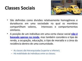 Classes Sociais

 • São definidas como divisões relativamente homogêneas e
   duradouras em uma sociedade na qual os membros
   compartilham valores,      interesses e comportamentos
   similares.
 • A posição de um indivíduo em uma certa classe social não é
   baseada apenas na renda, mas também considera o tipo de
   renda, a ocupação, educação, o tipo de moradia e a área da
   residência dentro de uma comunidade.

    – As classes são hierarquizadas (superior e inferior);
    – Há mobilidade de indivíduos entre as classes;
 