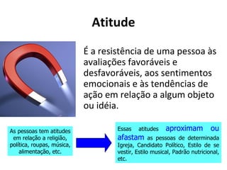 Atitude

                            É a resistência de uma pessoa às
                            avaliações favoráveis e
                            desfavoráveis, aos sentimentos
                            emocionais e às tendências de
                            ação em relação a algum objeto
                            ou idéia.

As pessoas tem atitudes             Essas   atitudes    aproximam          ou
 em relação a religião,             afastam       as pessoas de determinada
política, roupas, música,           Igreja, Candidato Político, Estilo de se
    alimentação, etc.               vestir, Estilo musical, Padrão nutricional,
                                    etc.
 