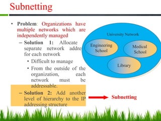 Subnetting
Subnetting
• Problem: Organizations have
multiple networks which are
independently managed
– Solution 1: Allocate a
separate network address
for each network
• Difficult to manage
• From the outside of the
organization, each
network must be
addressable.
– Solution 2: Add another
level of hierarchy to the IP
addressing structure
University Network
Medical
School
Library
Engineering
School
 