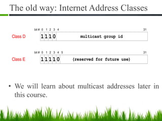 Class D multicast group id11 1
bit # 0 1 2 313
0
4
Class E (reserved for future use)11 1
bit # 0 1 2 313
1
4
0
5
The old way: Internet Address Classes
• We will learn about multicast addresses later in
this course.
 