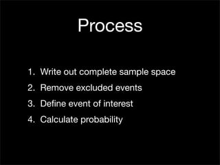 Process

1. Write out complete sample space
2. Remove excluded events
3. Deﬁne event of interest
4. Calculate probability
 