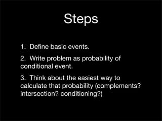 Steps
1. Deﬁne basic events.
2. Write problem as probability of
conditional event.
3. Think about the easiest way to
calculate that probability (complements?
intersection? conditioning?)
 