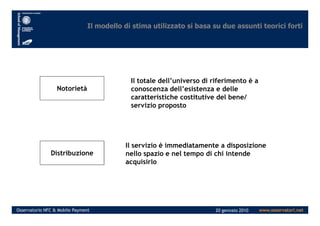 Il modello di stima utilizzato si basa su due assunti teorici forti
Il totale dell’universo di riferimento è a
conoscenza dell’esistenza e delle
caratteristiche costitutive del bene/
servizio proposto
Notorietà
www.osservatori.netOsservatorio NFC & Mobile Payment 20 gennaio 2010
Il servizio è immediatamente a disposizione
nello spazio e nel tempo di chi intende
acquisirlo
Distribuzione
 