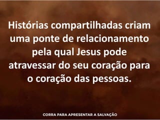 Histórias compartilhadas criam
uma ponte de relacionamento
pela qual Jesus pode
atravessar do seu coração para
o coração das pessoas.
 