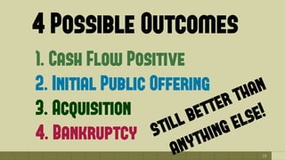 19
4 Possible Outcomes
1. Cash Flow Positive
2. Initial Public Offering
3. Acquisition
4. Bankruptcy still better than
anything else!
 