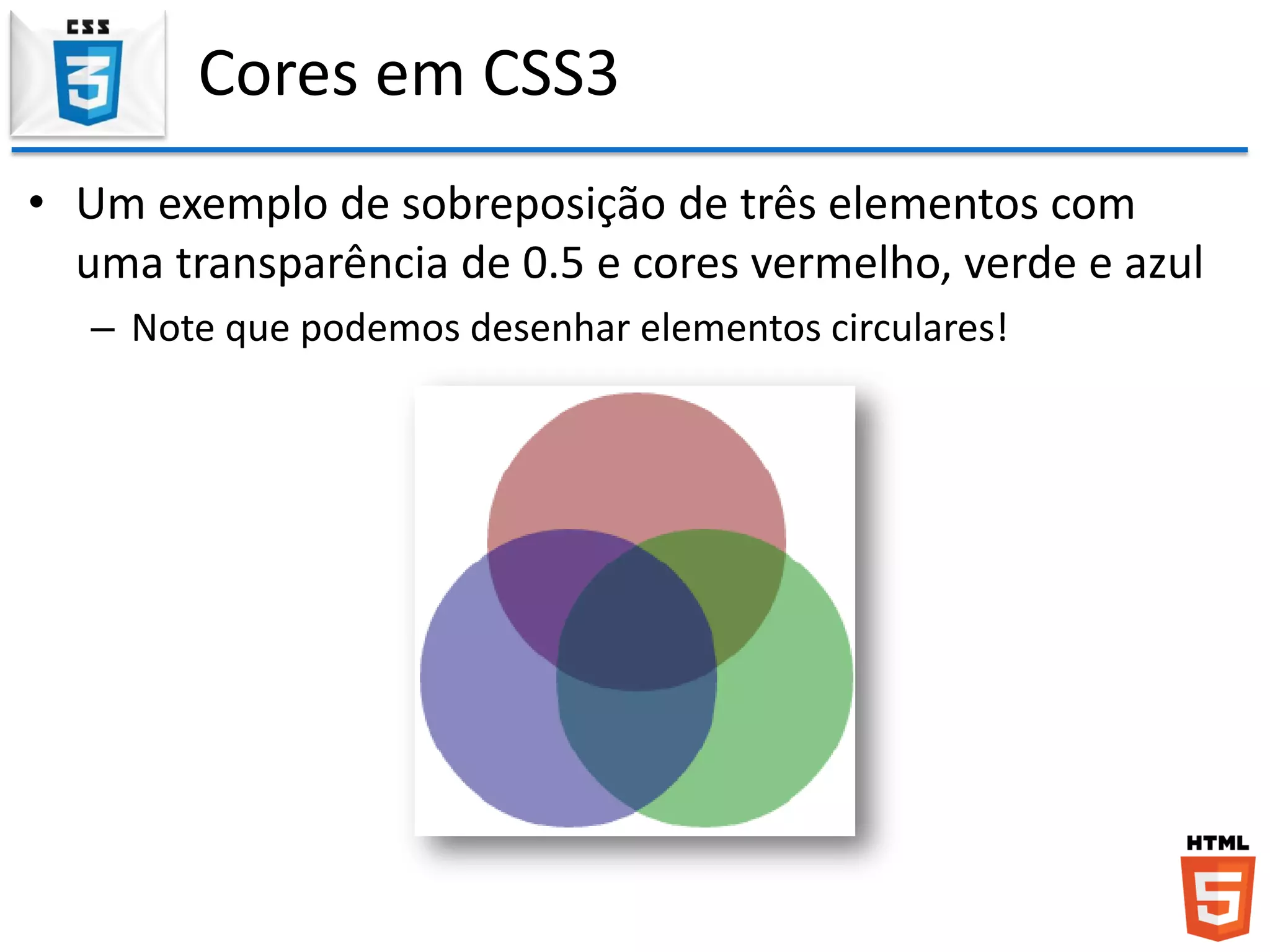 Cores em CSS3
• Um exemplo de sobreposição de três elementos com
uma transparência de 0.5 e cores vermelho, verde e azul
– Note que podemos desenhar elementos circulares!
 