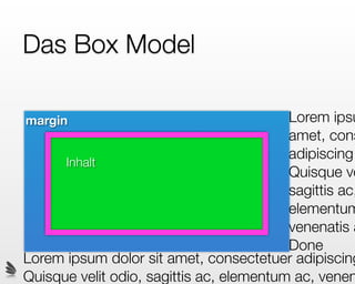 Das Box Model

margin                                    Lorem ipsu
                                          amet, cons
                                          adipiscing
      Inhalt
                                          Quisque ve
                                          sagittis ac,
                                          elementum
                                          venenatis a
                                          Done
Lorem ipsum dolor sit amet, consectetuer adipiscing
Quisque velit odio, sagittis ac, elementum ac, venen
 