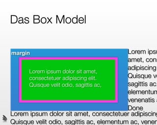 Das Box Model

margin                                    Lorem ipsu
                                          amet, cons
                                          adipiscing
      Lorem ipsum dolor sit amet,
      consectetuer adipiscing elit.       Quisque ve
      Quisque velit odio, sagittis ac,    sagittis ac,
                                          elementum
                                          venenatis a
                                          Done
Lorem ipsum dolor sit amet, consectetuer adipiscing
Quisque velit odio, sagittis ac, elementum ac, venen
 