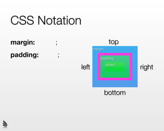 CSS Notation
margin:    ;                        top
                          margin
padding:       ;              padding

                   left            object
                                            right


                                   bottom
 