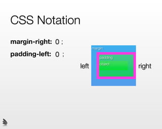 CSS Notation
margin-right: 0 ;
                           margin
padding-left: 0 ;              padding

                    left       object
                                         right
 