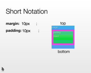 Short Notation
margin: 10px    ;                 top
                        margin
padding: 10px       ;    padding
                         object




                             bottom
 
