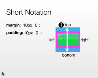 Short Notation
margin: 10px 0 ;             ➊
                           margin
                                     top
padding: 10px 0 ;           padding

                    left    object
                                           right


                                bottom
 