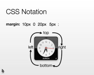 CSS Notation
margin: 10px 0 20px 5px ;

                  top


          left            right



                 bottom
 