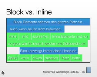 Block vs. Inline
   Block Elemente nehmen den ganzen Platz ein.

 Auch wenn sie ihn nicht brauchen.

Inline    sind   sparsamer. Inline Elemente sind nur

so gross wie ihr Inhalt & brechen am Zeilenende um.

         Block erzwingt immer einen Umbruch.

Selbst   wenn    etwas daneben Platz hätte.


                       Modernes Webdesign Seite 69 - 75
 