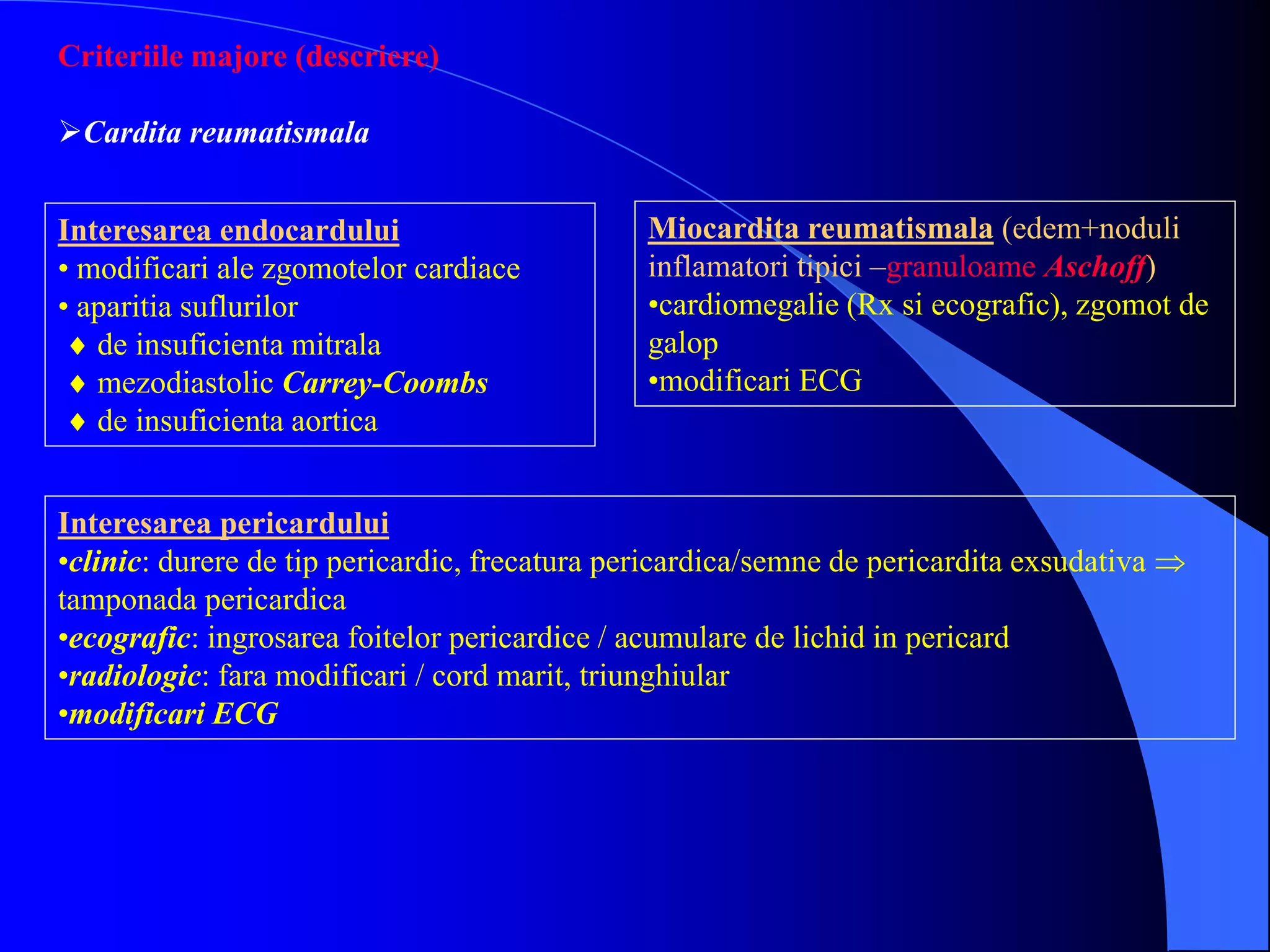 Criteriile majore (descriere)
Cardita reumatismala
Interesarea endocardului
• modificari ale zgomotelor cardiace
• aparitia suflurilor
 de insuficienta mitrala
 mezodiastolic Carrey-Coombs
 de insuficienta aortica
Miocardita reumatismala (edem+noduli
inflamatori tipici –granuloame Aschoff)
•cardiomegalie (Rx si ecografic), zgomot de
galop
•modificari ECG
Interesarea pericardului
•clinic: durere de tip pericardic, frecatura pericardica/semne de pericardita exsudativa 
tamponada pericardica
•ecografic: ingrosarea foitelor pericardice / acumulare de lichid in pericard
•radiologic: fara modificari / cord marit, triunghiular
•modificari ECG
 