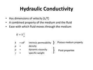 Hydraulic Conductivity
• Has dimensions of velocity [L/T]
• A combined property of the medium and the fluid
• Ease with which fluid moves through the medium
k = cd2 intrinsic permeability
ρ = density
µ = dynamic viscosity
g = specific weight
Porous medium property
Fluid properties
 
