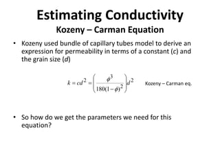 Estimating Conductivity
Kozeny – Carman Equation
• Kozeny used bundle of capillary tubes model to derive an
expression for permeability in terms of a constant (c) and
the grain size (d)
• So how do we get the parameters we need for this
equation?
2
2
3
2
)1(180
dcdk










f
f
Kozeny – Carman eq.
 