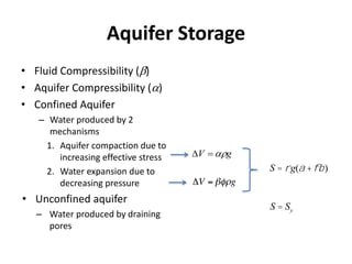 Aquifer Storage
• Fluid Compressibility (b)
• Aquifer Compressibility (a)
• Confined Aquifer
– Water produced by 2
mechanisms
1. Aquifer compaction due to
increasing effective stress
2. Water expansion due to
decreasing pressure
• Unconfined aquifer
– Water produced by draining
pores
gV a
S = rg(a +fb)
S = Sy  
 