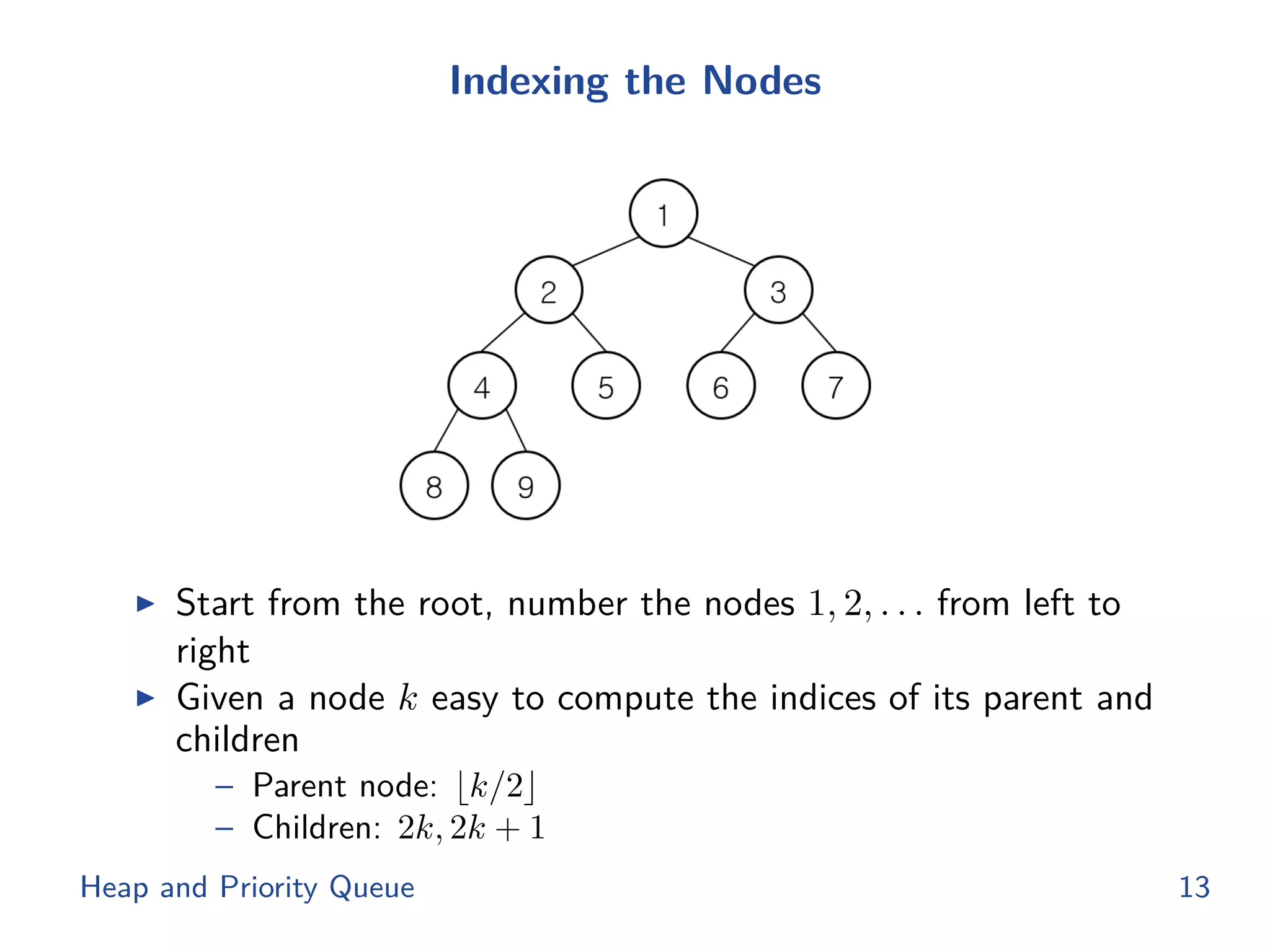Indexing the Nodes
◮ Start from the root, number the nodes 1, 2, . . . from left to
right
◮ Given a node k easy to compute the indices of its parent and
children
– Parent node: ⌊k/2⌋
– Children: 2k, 2k + 1
Heap and Priority Queue 13
 