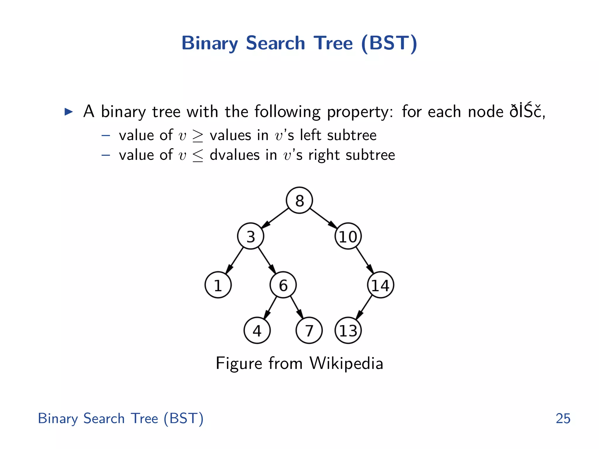 Binary Search Tree (BST)
◮ A binary tree with the following property: for each node ðİŚč,
– value of v ≥ values in v’s left subtree
– value of v ≤ dvalues in v’s right subtree
Figure from Wikipedia
Binary Search Tree (BST) 25
 