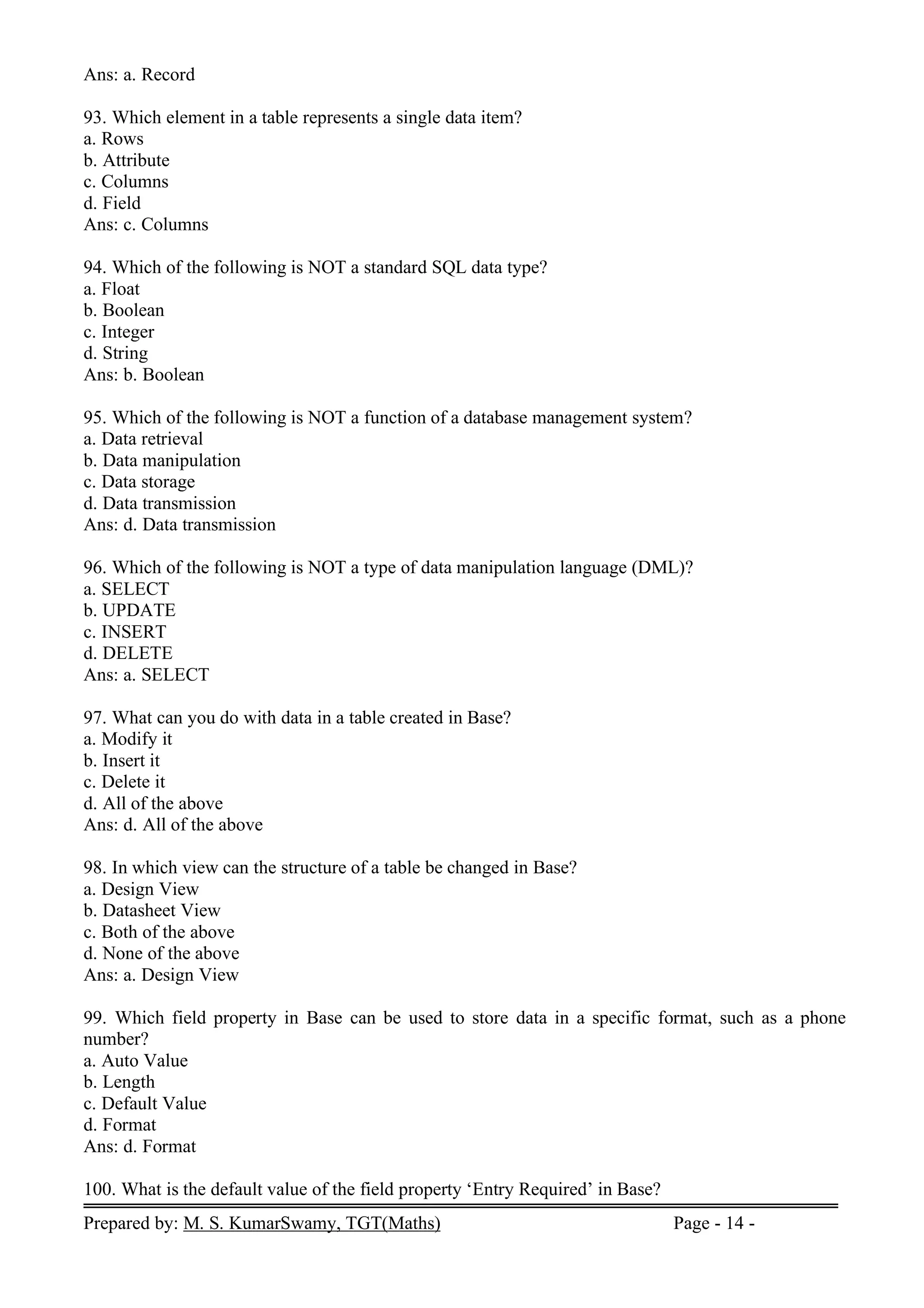 Prepared by: M. S. KumarSwamy, TGT(Maths) Page - 14 -
Ans: a. Record
93. Which element in a table represents a single data item?
a. Rows
b. Attribute
c. Columns
d. Field
Ans: c. Columns
94. Which of the following is NOT a standard SQL data type?
a. Float
b. Boolean
c. Integer
d. String
Ans: b. Boolean
95. Which of the following is NOT a function of a database management system?
a. Data retrieval
b. Data manipulation
c. Data storage
d. Data transmission
Ans: d. Data transmission
96. Which of the following is NOT a type of data manipulation language (DML)?
a. SELECT
b. UPDATE
c. INSERT
d. DELETE
Ans: a. SELECT
97. What can you do with data in a table created in Base?
a. Modify it
b. Insert it
c. Delete it
d. All of the above
Ans: d. All of the above
98. In which view can the structure of a table be changed in Base?
a. Design View
b. Datasheet View
c. Both of the above
d. None of the above
Ans: a. Design View
99. Which field property in Base can be used to store data in a specific format, such as a phone
number?
a. Auto Value
b. Length
c. Default Value
d. Format
Ans: d. Format
100. What is the default value of the field property ‘Entry Required’ in Base?
 