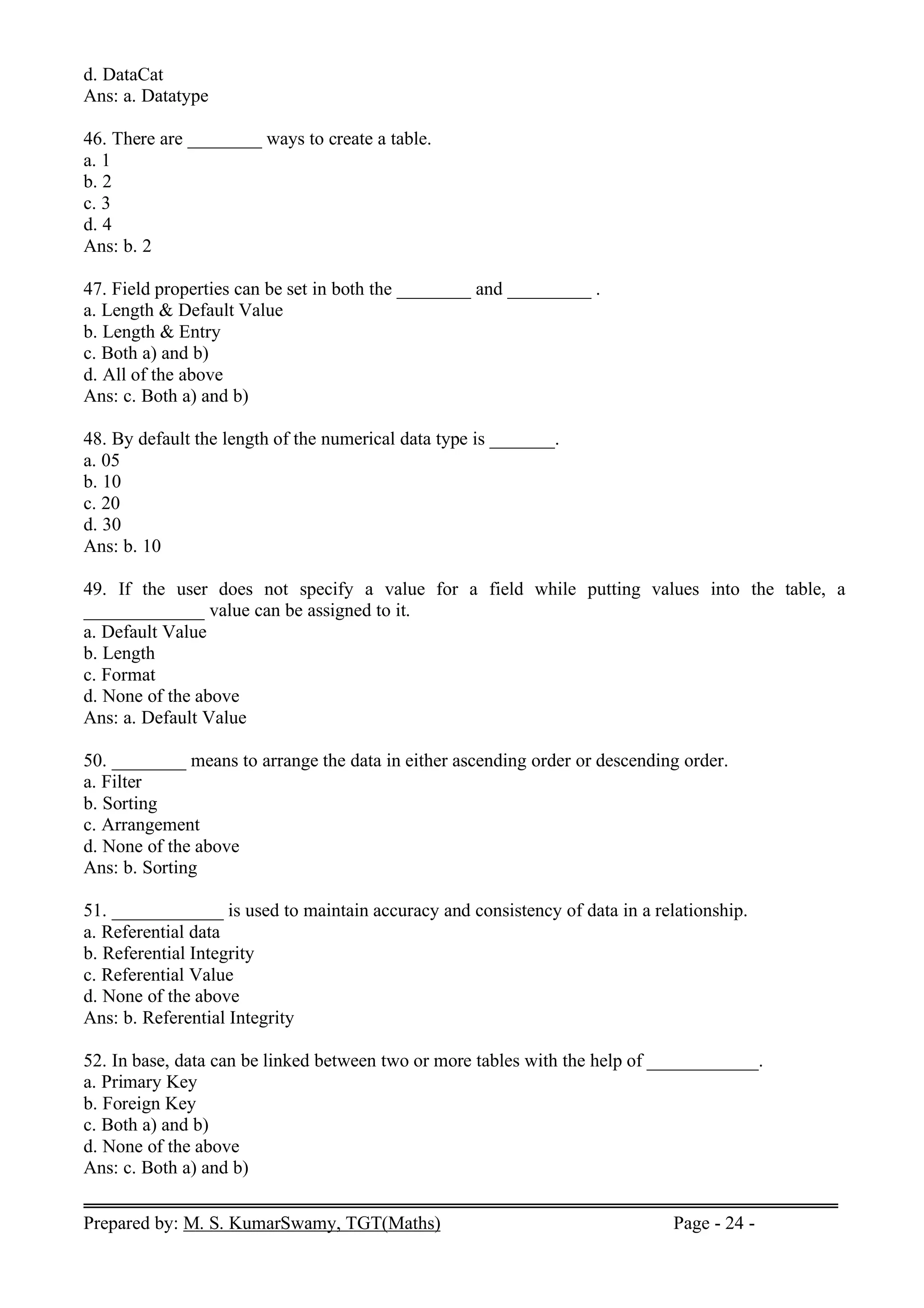 Prepared by: M. S. KumarSwamy, TGT(Maths) Page - 24 -
d. DataCat
Ans: a. Datatype
46. There are ________ ways to create a table.
a. 1
b. 2
c. 3
d. 4
Ans: b. 2
47. Field properties can be set in both the ________ and _________ .
a. Length & Default Value
b. Length & Entry
c. Both a) and b)
d. All of the above
Ans: c. Both a) and b)
48. By default the length of the numerical data type is _______.
a. 05
b. 10
c. 20
d. 30
Ans: b. 10
49. If the user does not specify a value for a field while putting values into the table, a
_____________ value can be assigned to it.
a. Default Value
b. Length
c. Format
d. None of the above
Ans: a. Default Value
50. ________ means to arrange the data in either ascending order or descending order.
a. Filter
b. Sorting
c. Arrangement
d. None of the above
Ans: b. Sorting
51. ____________ is used to maintain accuracy and consistency of data in a relationship.
a. Referential data
b. Referential Integrity
c. Referential Value
d. None of the above
Ans: b. Referential Integrity
52. In base, data can be linked between two or more tables with the help of ____________.
a. Primary Key
b. Foreign Key
c. Both a) and b)
d. None of the above
Ans: c. Both a) and b)
 