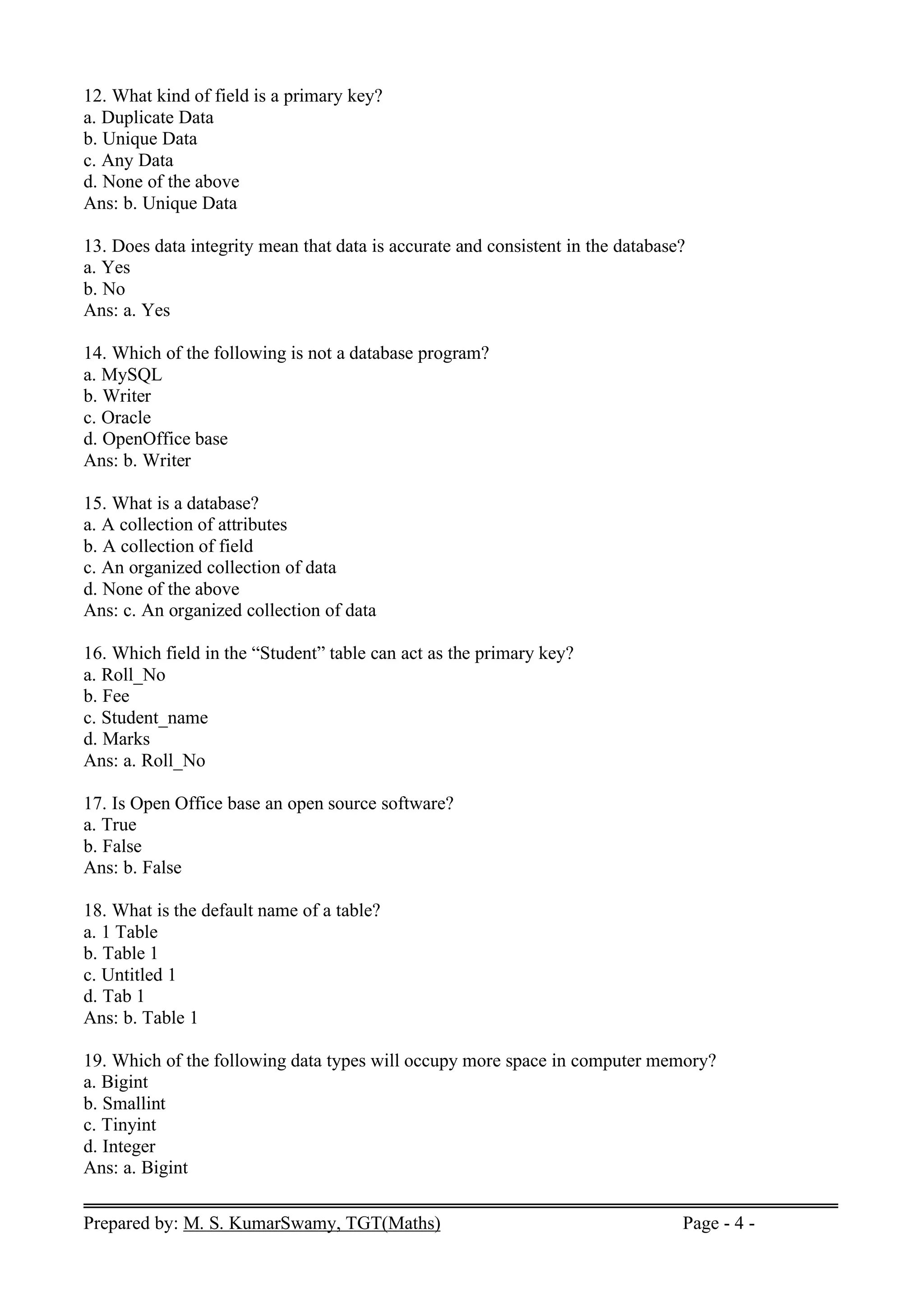 Prepared by: M. S. KumarSwamy, TGT(Maths) Page - 4 -
12. What kind of field is a primary key?
a. Duplicate Data
b. Unique Data
c. Any Data
d. None of the above
Ans: b. Unique Data
13. Does data integrity mean that data is accurate and consistent in the database?
a. Yes
b. No
Ans: a. Yes
14. Which of the following is not a database program?
a. MySQL
b. Writer
c. Oracle
d. OpenOffice base
Ans: b. Writer
15. What is a database?
a. A collection of attributes
b. A collection of field
c. An organized collection of data
d. None of the above
Ans: c. An organized collection of data
16. Which field in the “Student” table can act as the primary key?
a. Roll_No
b. Fee
c. Student_name
d. Marks
Ans: a. Roll_No
17. Is Open Office base an open source software?
a. True
b. False
Ans: b. False
18. What is the default name of a table?
a. 1 Table
b. Table 1
c. Untitled 1
d. Tab 1
Ans: b. Table 1
19. Which of the following data types will occupy more space in computer memory?
a. Bigint
b. Smallint
c. Tinyint
d. Integer
Ans: a. Bigint
 