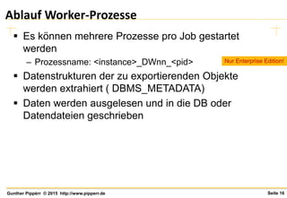 Seite 16Gunther Pippèrr © 2015 http://www.pipperr.de
Ablauf Worker-Prozesse
 Es können mehrere Prozesse pro Job gestartet
werden
– Prozessname: <instance>_DWnn_<pid>
 Datenstrukturen der zu exportierenden Objekte
werden extrahiert ( DBMS_METADATA)
 Daten werden ausgelesen und in die DB oder
Datendateien geschrieben
Nur Enterprise Edition!
 