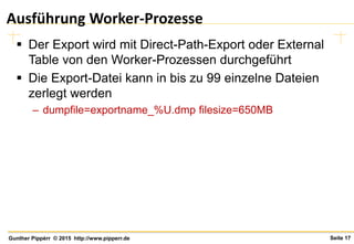 Seite 17Gunther Pippèrr © 2015 http://www.pipperr.de
Ausführung Worker-Prozesse
 Der Export wird mit Direct-Path-Export oder External
Table von den Worker-Prozessen durchgeführt
 Die Export-Datei kann in bis zu 99 einzelne Dateien
zerlegt werden
– dumpfile=exportname_%U.dmp filesize=650MB
 