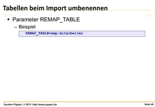 Seite 46Gunther Pippèrr © 2015 http://www.pipperr.de
Tabellen beim Import umbenennen
 Parameter REMAP_TABLE
– Beispiel
REMAP_TABLE=emp:mitarbeiter
 