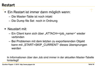 Seite 54Gunther Pippèrr © 2015 http://www.pipperr.de
Restart
 Ein Restart ist immer dann möglich wenn:
– Die Master-Table ist noch intakt
– Die Dump file Set noch in Ordnung
 Neustart mit:
– Ein Client kann sich über „ATTACH=<job_name>“ wieder
verbinden
– Bei Problemen mit dem letzten zu exportierenden Objekt
kann mit „START=SKIP_CURRENT“ dieses übersprungen
werden
In Informationen über den Job sind immer in der aktuellen Master-Tabelle
hinterlegt!
 