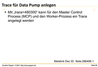 Seite 60Gunther Pippèrr © 2015 http://www.pipperr.de
Trace für Data Pump anlegen
 Mit „trace=480300“ kann für den Master Control
Process (MCP) und den Worker-Prozess ein Trace
angelegt werden
Metalink Doc ID: Note:286496.1
 