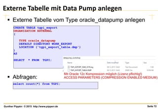 Seite 72Gunther Pippèrr © 2015 http://www.pipperr.de
Externe Tabelle mit Data Pump anlegen
 Externe Tabelle vom Type oracle_datapump anlegen
 Abfragen:
CREATE TABLE tgpi_export
ORGANIZATION EXTERNAL
(
TYPE oracle_datapump
DEFAULT DIRECTORY WORK_EXPORT
LOCATION ('tgpi_export_table.dmp')
)
AS
SELECT * FROM TGPI;
select count(*) from TGPI;
Mit Oracle 12c Kompression möglich (Lizenz pflichtig!)
ACCESS PARAMETERS (COMPRESSION ENABLED MEDIUM)
 