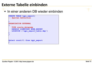 Seite 73Gunther Pippèrr © 2015 http://www.pipperr.de
Externe Tabelle einbinden
 In einer anderen DB wieder einbinden
CREATE TABLE tgpi_export(
-- Spalten Definition
)
ORGANIZATION EXTERNAL
(
TYPE oracle_datapump
DEFAULT DIRECTORY WORK_EXPORT
LOCATION ('tgpi_export_table.dmp')
)
/
Select count(*) from tgpi_export
/
 