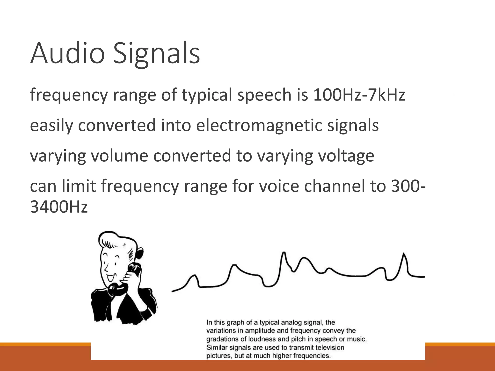 Audio Signals
frequency range of typical speech is 100Hz-7kHz
easily converted into electromagnetic signals
varying volume converted to varying voltage
can limit frequency range for voice channel to 300-
3400Hz
 