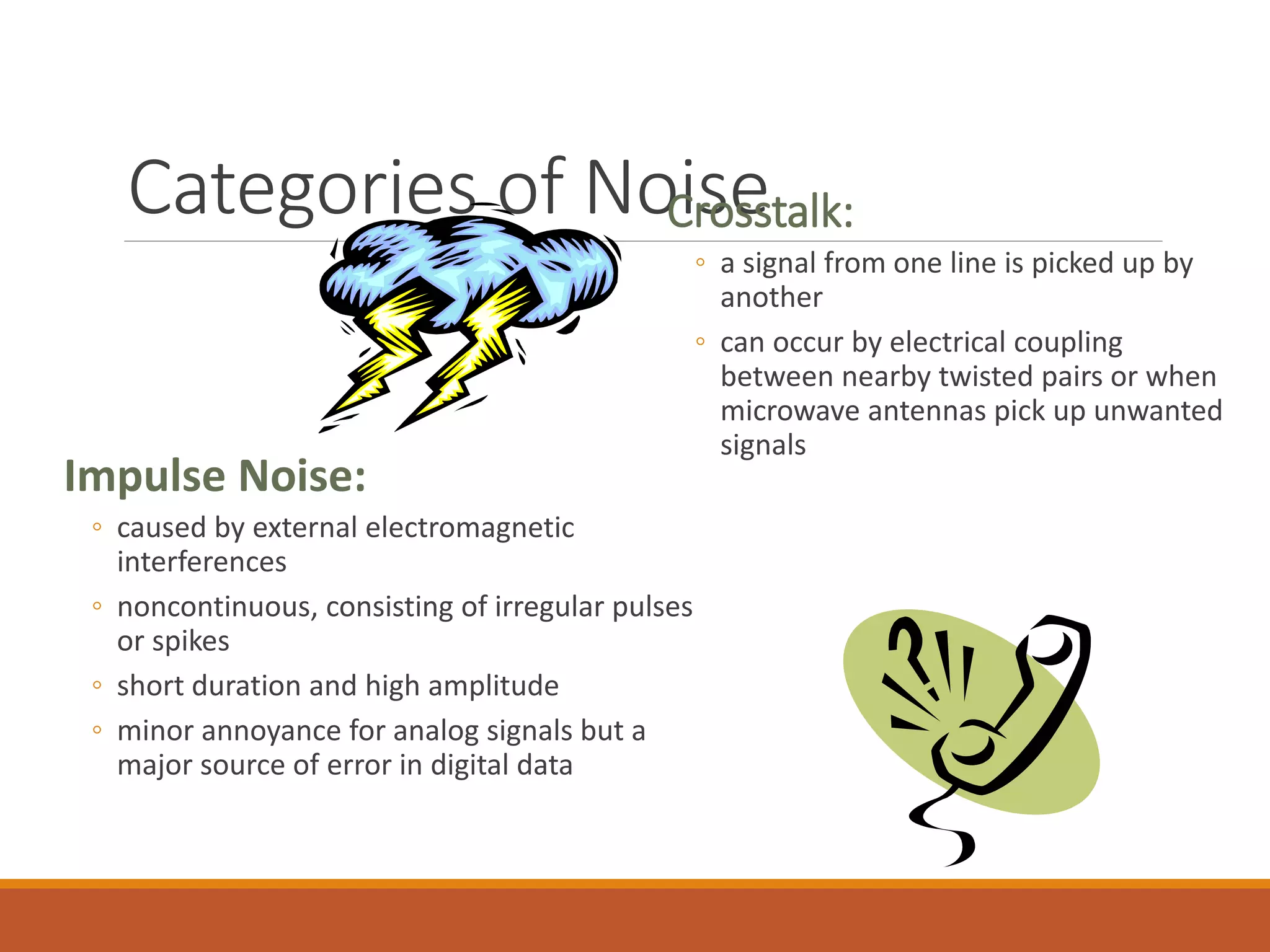 Categories of NoiseCrosstalk:
◦ a signal from one line is picked up by
another
◦ can occur by electrical coupling
between nearby twisted pairs or when
microwave antennas pick up unwanted
signals
Impulse Noise:
◦ caused by external electromagnetic
interferences
◦ noncontinuous, consisting of irregular pulses
or spikes
◦ short duration and high amplitude
◦ minor annoyance for analog signals but a
major source of error in digital data
 